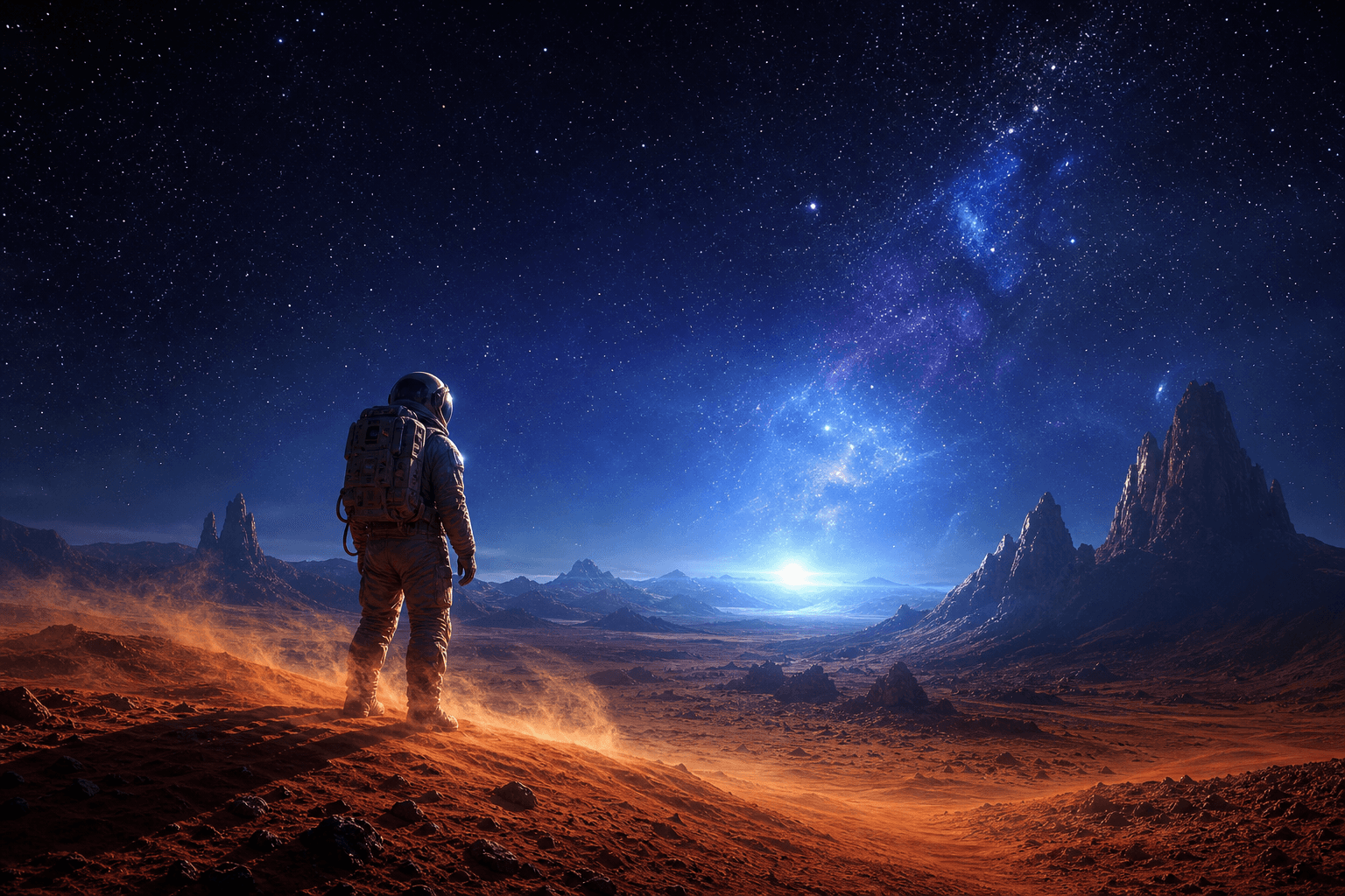Astronaut on a red dune under a starfield, generated with AI Art Create